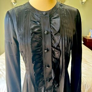 Ruffled, satin, covered buttons, tie back shirt dress